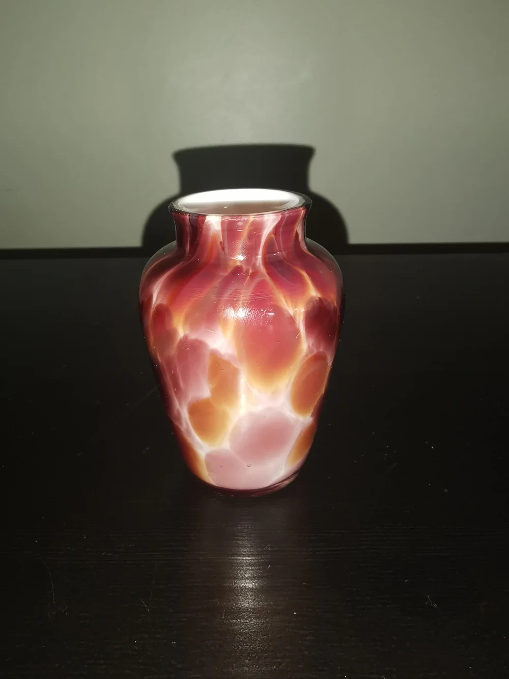 Hand Blown Art Glass Spatter Vase Burgundy Purple Amber W/Bulbous Body 3.5